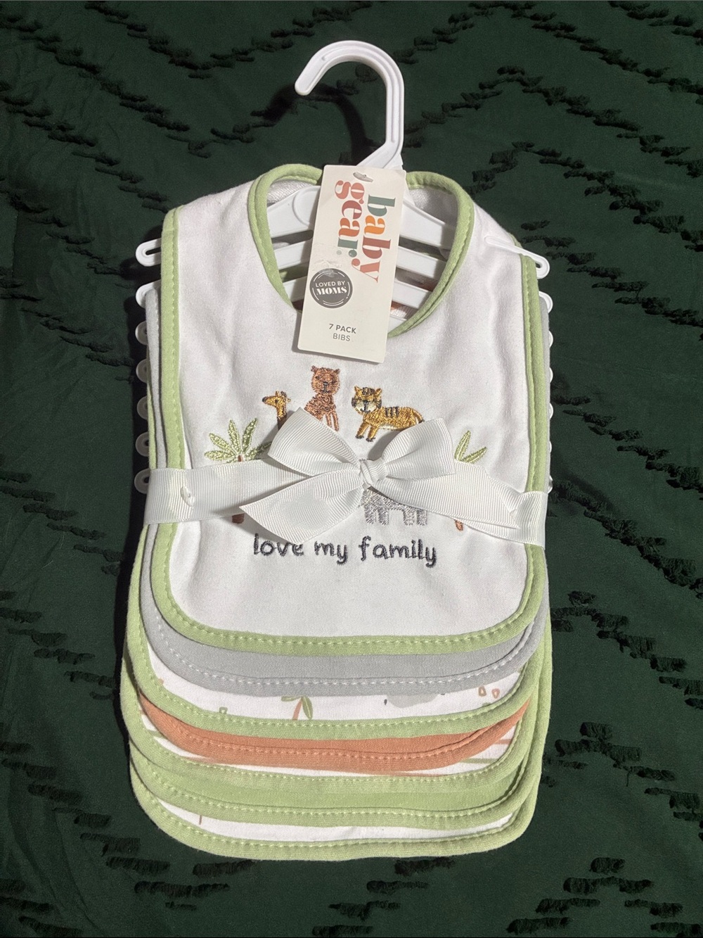 Baby Gear White Bibs with Light Green Trim and Peach Accents - 7-Pack